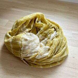 Lightweight Sunshine Yellow Infinity Scarf with Cream Lace Detail